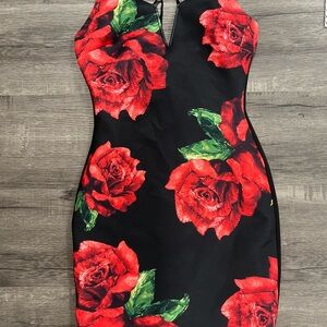 Elegant Black and Red Floral Dress